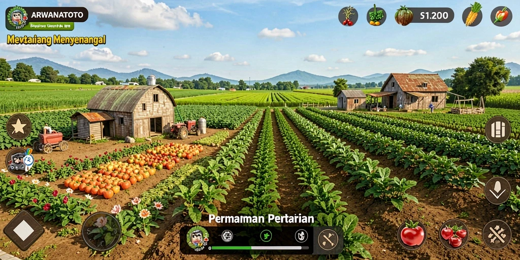 Screenshot ARWANATOTO menampilkan suasana pertanian yang menawan dan gameplay yang seru.