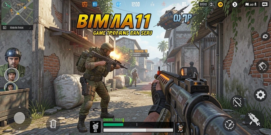 Screenshot utama BIMA11 menunjukkan aksi intens dalam gameplay TPS.