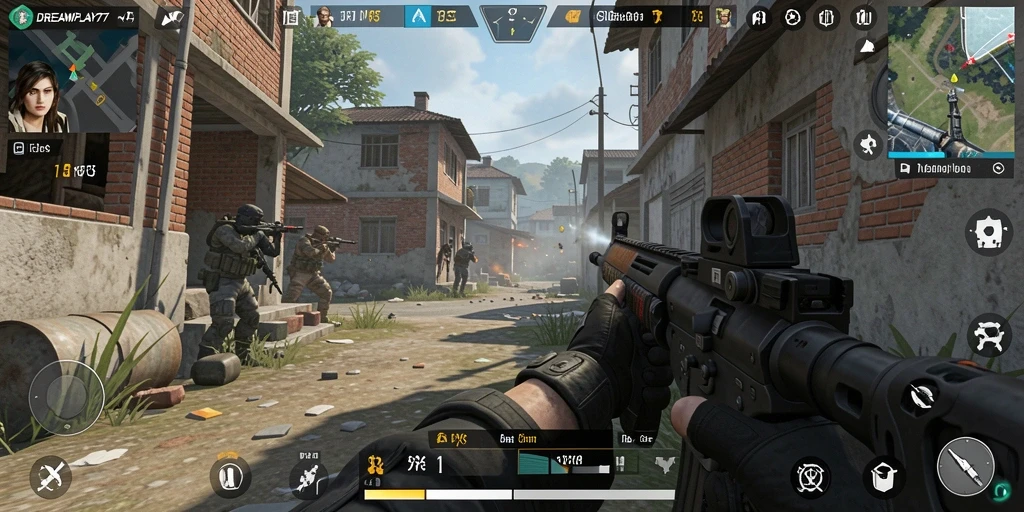 Screenshot menunjukkan aksi tembak-menembak intens di DREAMPLAY77.