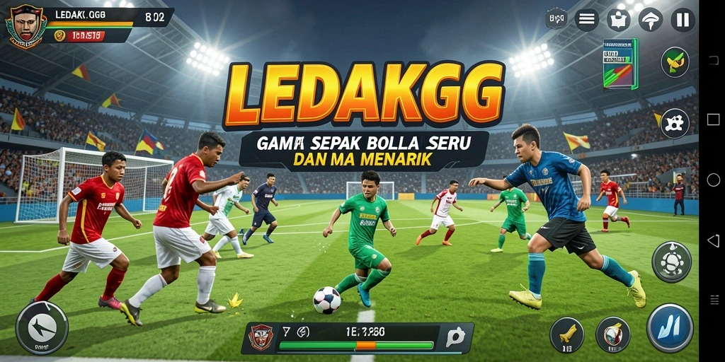 Tangkapan layar utama LEDAKGG memperlihatkan aksi seru di lapangan sepak bola.