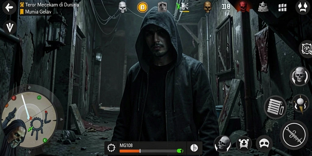 Screenshot gameplay MG108 menampilkan suasana mencekam dan kengerian.