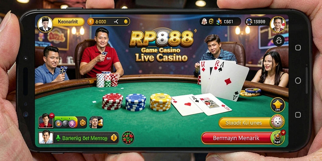 Screenshot gameplay RP888, menampilkan dealer profesional dan suasana Live Casino yang nyata.